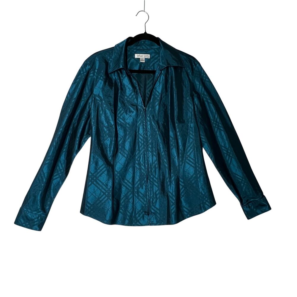 COLDWATER CREEK Blouse Womens XL Teal Geometric Zip Front Long Sleeve Top